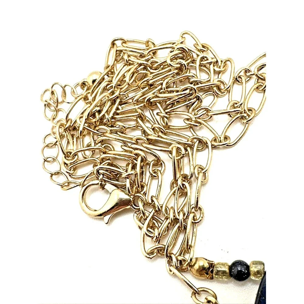 Vintage Blue Dragon Vein Bib Necklace Gold Tone Double Chain Statement 18